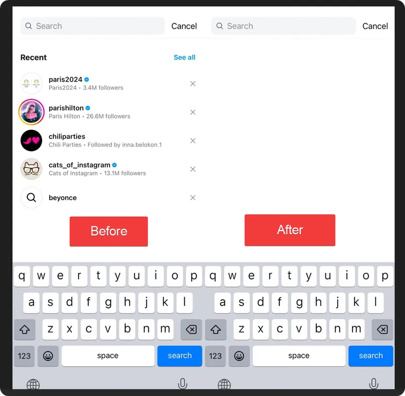 screen comparison showing the Instagram search bar with suggestions