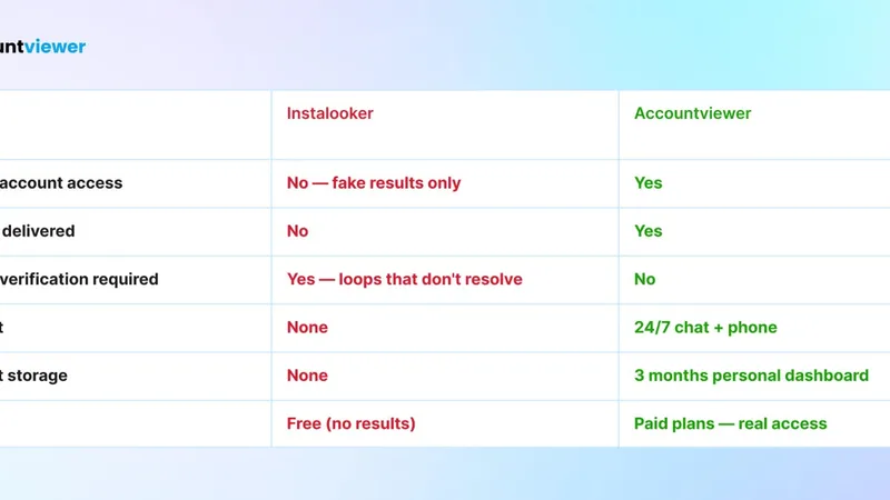 Instalooker vs Accountviewer comparison table — private access, support, content storage, price
