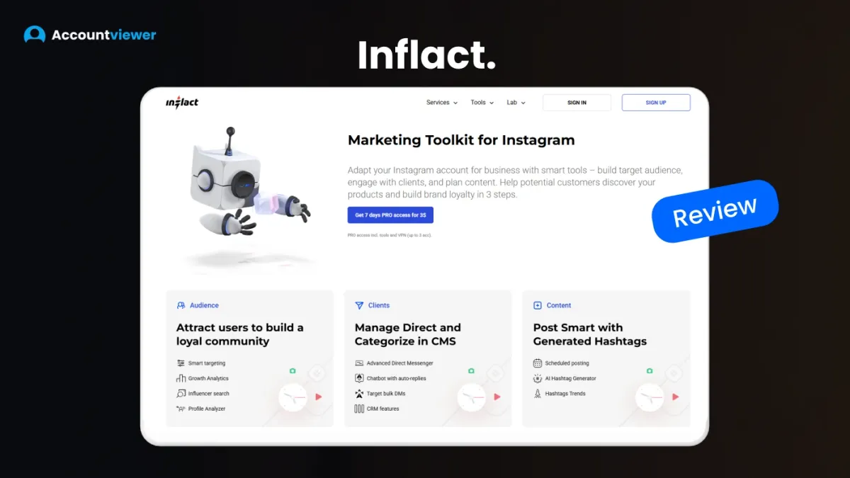 Inflact review by Accountviewer — Inflact homepage showing Marketing Toolkit for Instagram features