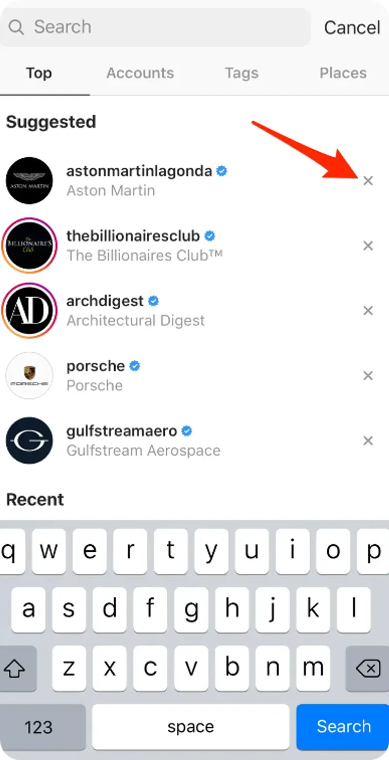 Screenshot shows Instagram search suggestions